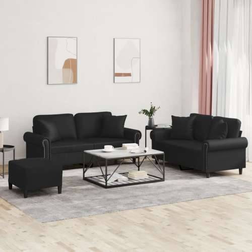 3-dijelni set sofa s jastucima crna od umjetne kože - Crna s jastucima i tabureom Cijena