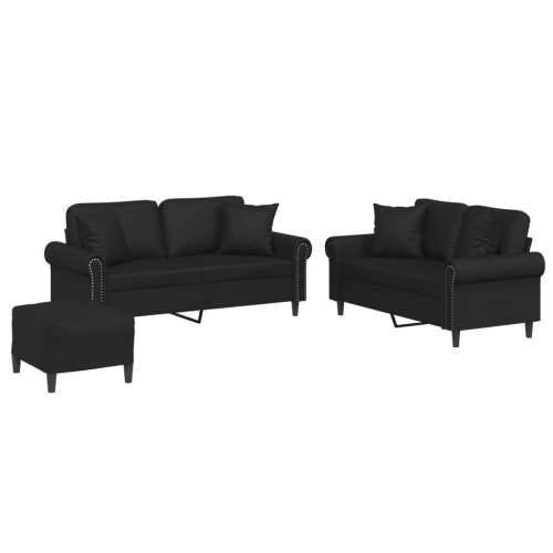 3-dijelni set sofa s jastucima crna od umjetne kože - Crna s jastucima i tabureom Cijena