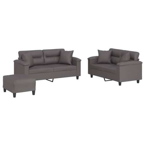 3-dijelni set sofa s jastucima sivi od umjetne kože - Siva s jastucima i tabureom Cijena