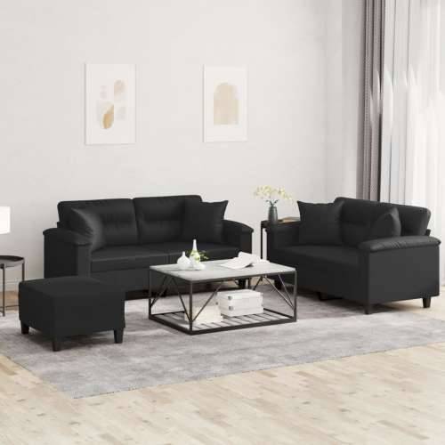 3-dijelni set sofa s jastucima crna od umjetne kože - Crna s jastucima i tabureom Cijena