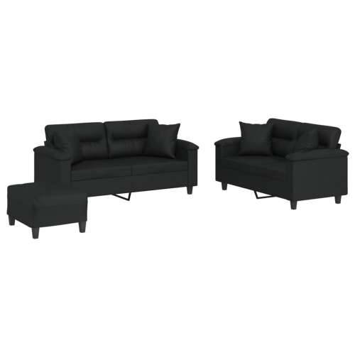 3-dijelni set sofa s jastucima crna od umjetne kože - Crna s jastucima i tabureom Cijena