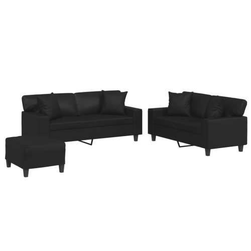 3-dijelni set sofa s jastucima crna od umjetne kože - Crna s jastucima i tabureom Cijena
