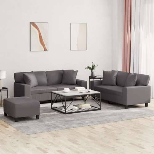 3-dijelni set sofa s jastucima sivi od umjetne kože - Siva s jastucima i tabureom Cijena