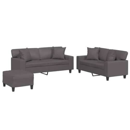 3-dijelni set sofa s jastucima sivi od umjetne kože - Siva s jastucima i tabureom Cijena