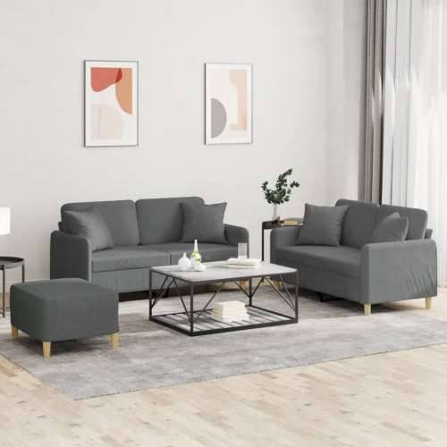 3-dijelni set sofa s jastucima tamnosivi od tkanine - Tamno siva s jastucima i tabureom Cijena