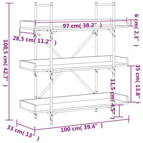 Regal za knjige 3 razine boja hrasta 100 x 33 x 108,5 cm drveni - Sivi hrast sonoma 1 108.5 cm Cijena