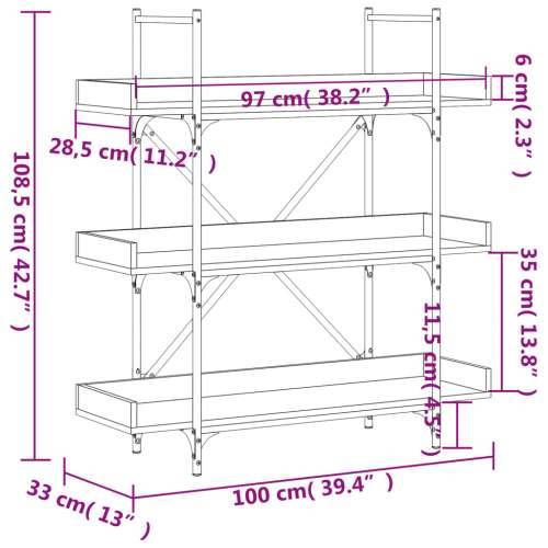 Regal za knjige 3 razine crni 100x33x108,5 cm konstruirano drvo Crna 1 108.5 cm Cijena