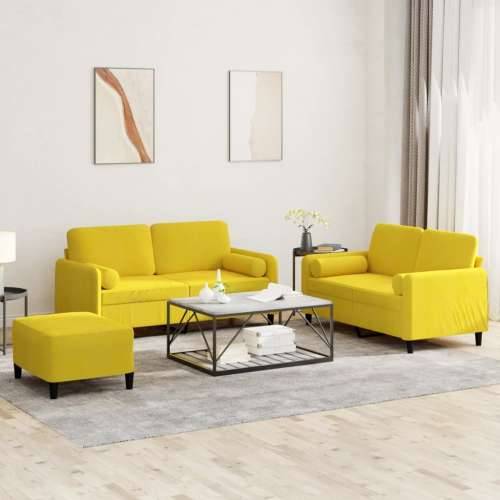 3-dijelni set sofa s jastucima žuti baršunasti - Žuta s jastucima i tabureom Cijena