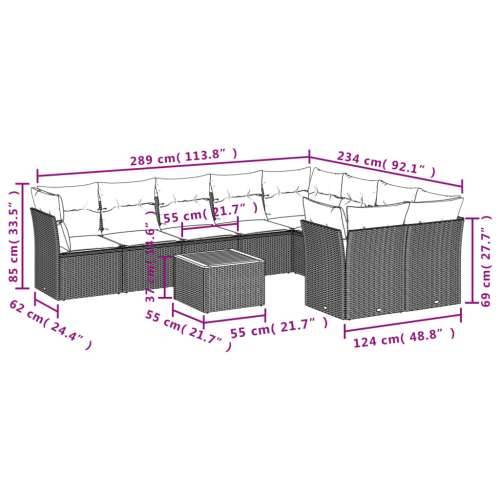 Vrtna garnitura - 10-dijelni set vrtnih sofa s jastucima crni od poliratana - Crna 4x kutna + 5x srednja + stol 1 Cijena
