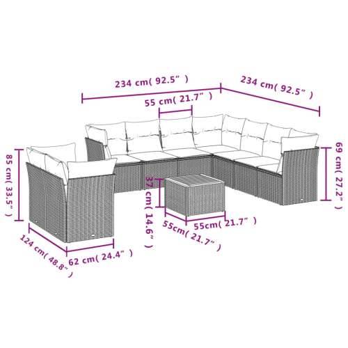 Vrtna garnitura - 10-dijelni set vrtnih sofa s jastucima crni od poliratana - Crna 1 Cijena