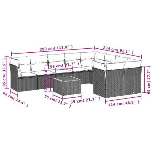 Vrtna garnitura - 10-dijelni set vrtnih sofa s jastucima crni od poliratana - Crna i krem 4x kutna + 5x srednja + stol 1 Cijena