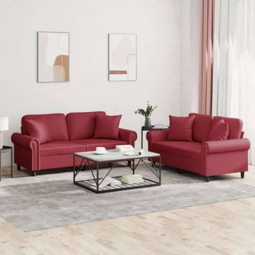 2-dijelni set sofa s jastucima boja vina od umjetne kože - boja crnog vina s jastučićima Cijena