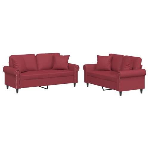 2-dijelni set sofa s jastucima boja vina od umjetne kože - boja crnog vina s jastučićima Cijena