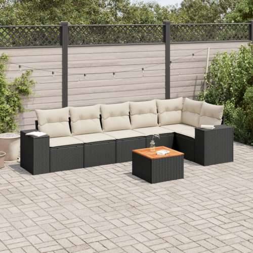 Vrtna garnitura - 7-dijelni set vrtnih sofa od poliratana s jastucima crni - Crna i krem 3x srednja + stol + kutna 1 Cijena