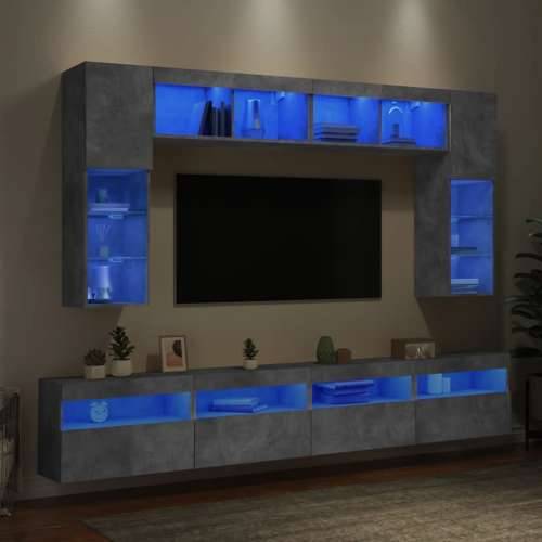 8-dijelni set zidnih TV ormarića s LED svjetlima boja betona - Beton siva 1 Cijena