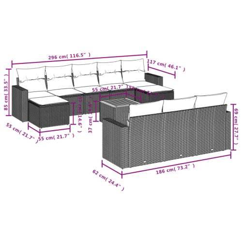 Vrtna garnitura - 11-dijelni set vrtnih sofa od poliratana s jastucima crni - Crna i krem 11 Cijena