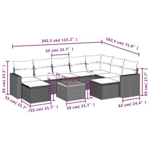 Vrtna garnitura - 10-dijelni set vrtnih sofa od poliratana s jastucima sivi - Siva 10 Cijena