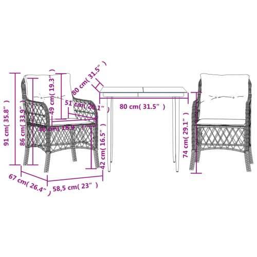 3-dijelni bistro set s jastucima crni od poliratana - Dužina stola 80 cm Oštra noga 2 Cijena