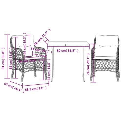 3-dijelni bistro set od poliratana s jastucima sivi - Dužina stola 80 cm Oštra noga 2 Cijena