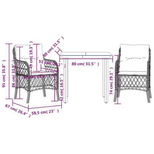 3-dijelni bistro set s jastucima bež od poliratana - Dužina stola 80 cm Okrugla noga 2 Cijena