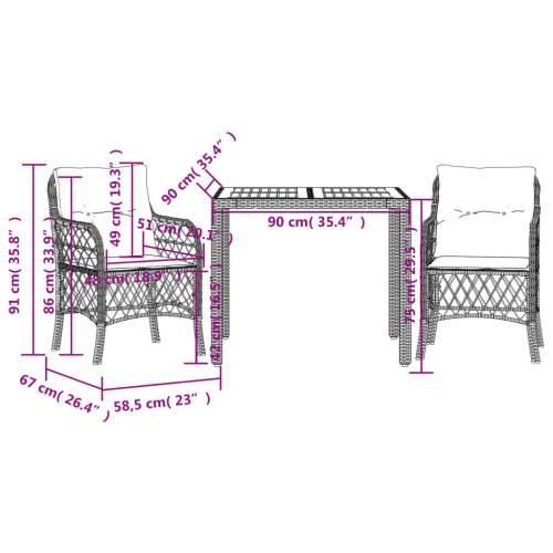 3-dijelni bistro set s jastucima crni od poliratana - Crna i krem Dužina stola 90 cm 2 Cijena