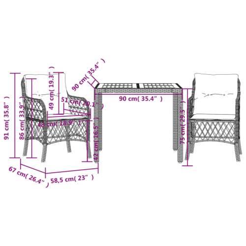 3-dijelni bistro set od poliratana s jastucima sivi - Siva Dužina stola 90 cm 2 Cijena
