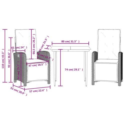 3-dijelni bistro set s jastucima crni od poliratana - Dužina stola 80 cm Oštra noga 2 Cijena