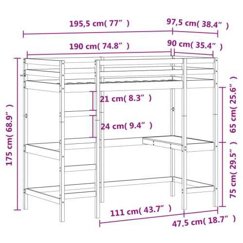 Krevet na kat s radnim stolom 90x190 cm od masivne borovine - Prirodna 90 x 190 cm Cijena