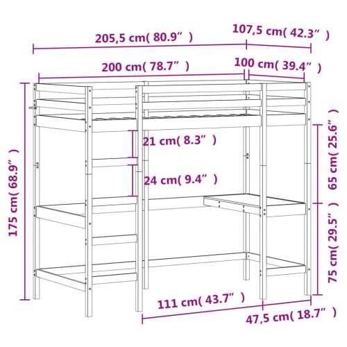 Krevet na kat s radnim stolom 100 x 200 cm od masivne borovine - Prirodna 100 x 200 cm Cijena