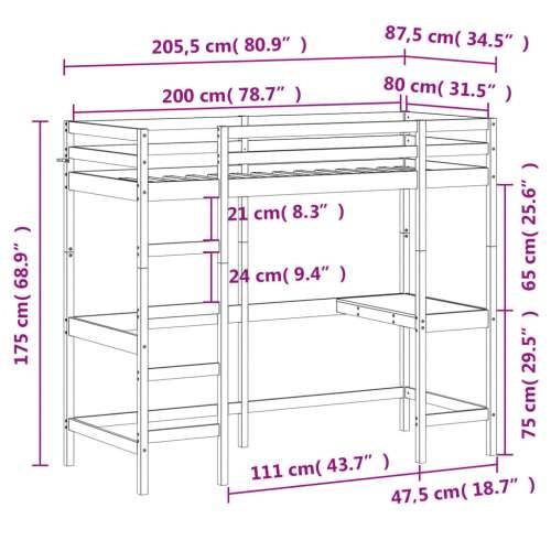 Krevet na kat s radnim stolom 80 x 200 cm od masivne borovine - Prirodna 80 x 200 cm Cijena
