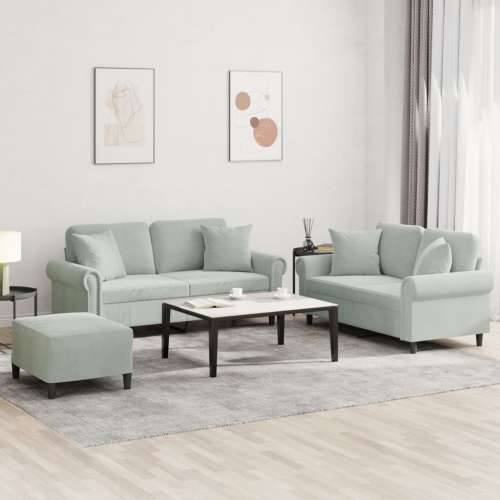 3-dijelni set sofa s jastucima svjetlosivi baršunasti - Svjetlosiva s jastucima i tabureom Cijena
