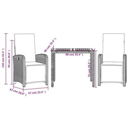 3-dijelni bistro set s jastucima crni od poliratana - Crna Dužina stola 90 cm 2 Cijena