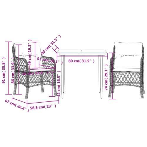 3-dijelni bistro set s jastucima smeđi od poliratana - Dužina stola 80 cm Oštra noga 2 Cijena