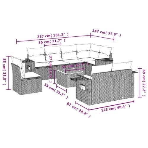 Vrtna garnitura - 9-dijelni set vrtnih sofa od poliratana s jastucima sivi - siva i tamnosiva 3x srednja + kutna + stol 1 Cijena