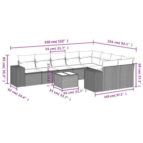 Vrtna garnitura - 10-dijelni set vrtnih sofa s jastucima crni od poliratana - Crna Sa stolom 1 Cijena