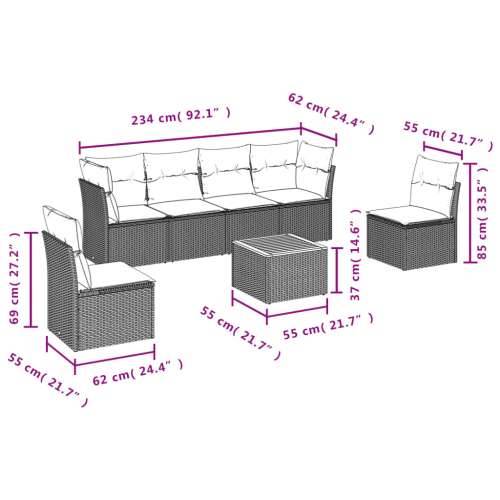 Vrtna garnitura - 7-dijelni set vrtnih sofa s jastucima bež od poliratana - mješavina bež i sive 2x kutna + 4x srednja + stol 1 Cijena
