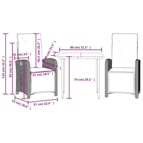 3-dijelni bistro set s jastucima bež od poliratana - Dužina stola 80 cm Oštra noga 2 Cijena