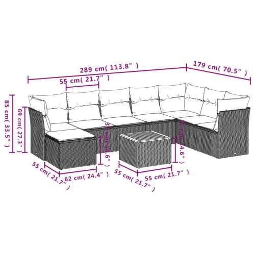 Vrtna garnitura - 9-dijelni set vrtnih sofa s jastucima crni od poliratana - Crna 1 Cijena