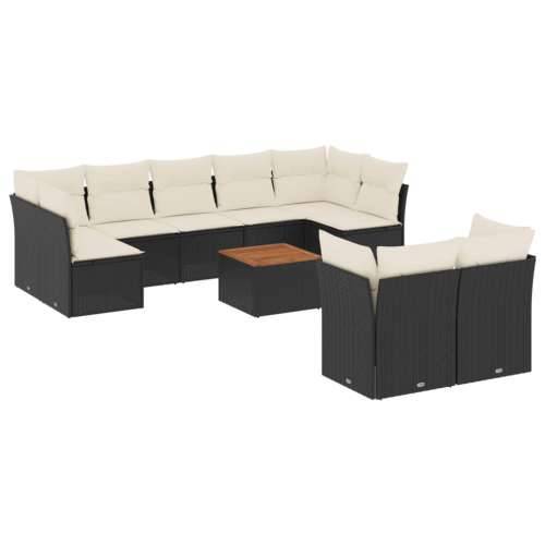 Vrtna garnitura - 10-dijelni set vrtnih sofa s jastucima crni od poliratana - Crna i krem 5x srednja + 4x kutna + stol 1 Cijena