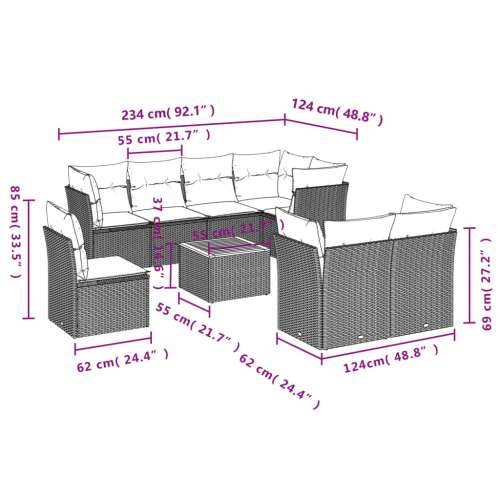 Vrtna garnitura - 9-dijelni set vrtnih sofa s jastucima crni od poliratana - Crna 3x srednja + 5x kutna + stol 1 Cijena