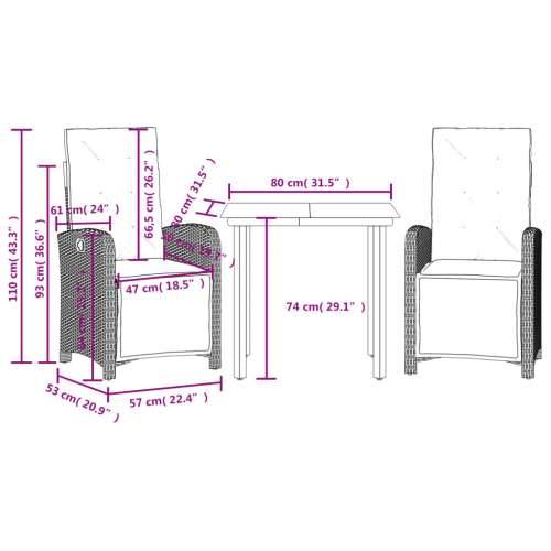 3-dijelni bistro set s jastucima bež od poliratana - Dužina stola 80 cm Okrugla noga 2 Cijena