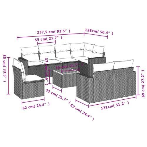 Vrtna garnitura - 9-dijelni set vrtnih sofa s jastucima crni od poliratana - Crna i krem 5x kutna + stol + 3x srednja 1 Cijena
