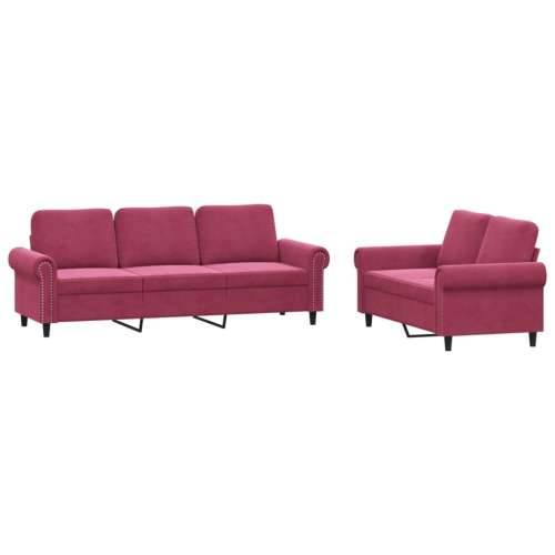 2-dijelni set sofa s jastucima crvena boja vina baršunasti - boja crnog vina Bez oslonca za noge Cijena