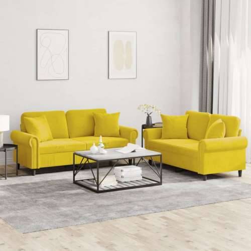 2-dijelni set sofa s jastucima žuti baršunasti - Žuta s jastučićima Cijena