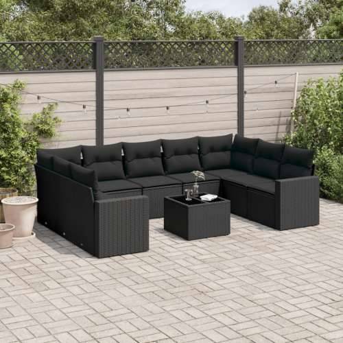 Vrtna garnitura - 10-dijelni set vrtnih sofa s jastucima crni od poliratana - Crna Sa stolom 1 Cijena