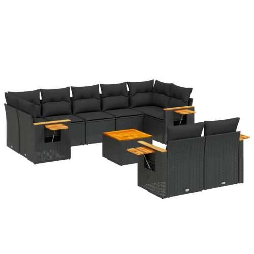Vrtna garnitura - 10-dijelni set vrtnih sofa s jastucima crni od poliratana - Crna Sa stolom 1 Cijena