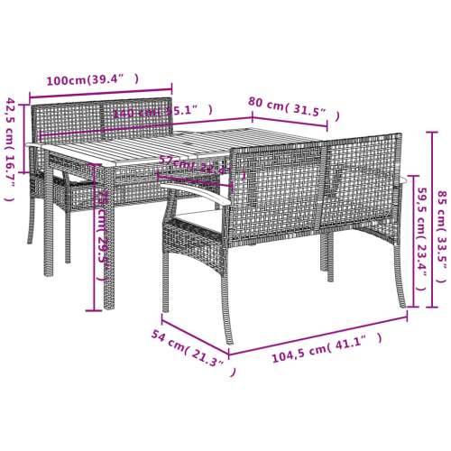 Vrtna garnitura - 3-dijelni vrtni blagovaonski set s jastucima od poliratana crni - Dužina stola 140 cm klupa 4 Cijena