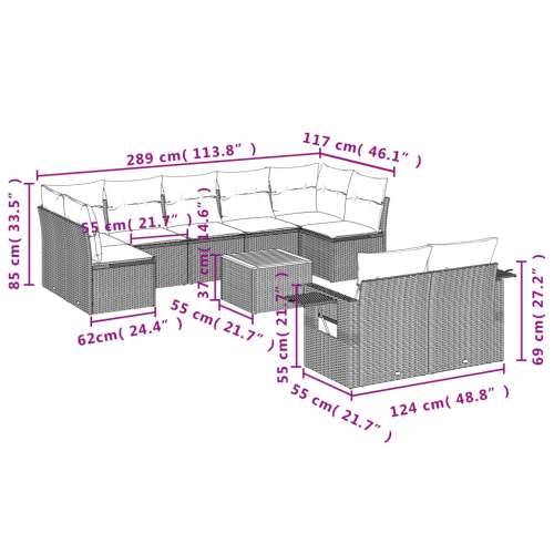 Vrtna garnitura - 10-dijelni set vrtnih sofa od poliratana s jastucima sivi - Siva 1 stol + 5x srednja + 2x kutna Cijena