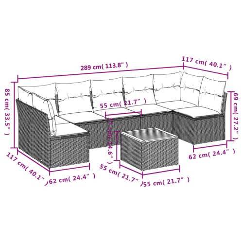 Vrtna garnitura - 8-dijelni set vrtnih sofa od poliratana s jastucima sivi - siva i tamnosiva 5x srednja + 2x kutna + stol 1 Cijena