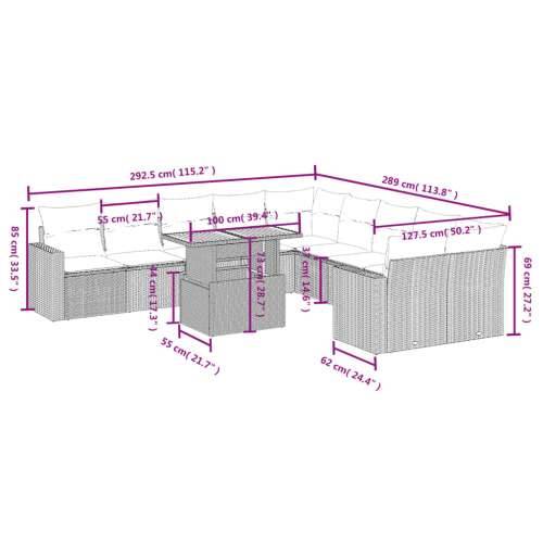 Vrtna garnitura - 11-dijelni set vrtnih sofa od poliratana s jastucima crni - Crna 4x kutna + 6x srednja + stol 1 Cijena
